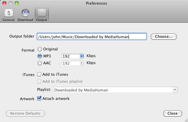 YouTube to MP3 Preference Panel